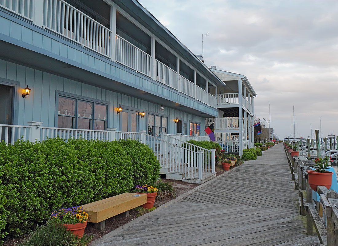 Ahoskie NC - Buildings on the Boardwalk at Sunset. North Carolina Inner Banks
